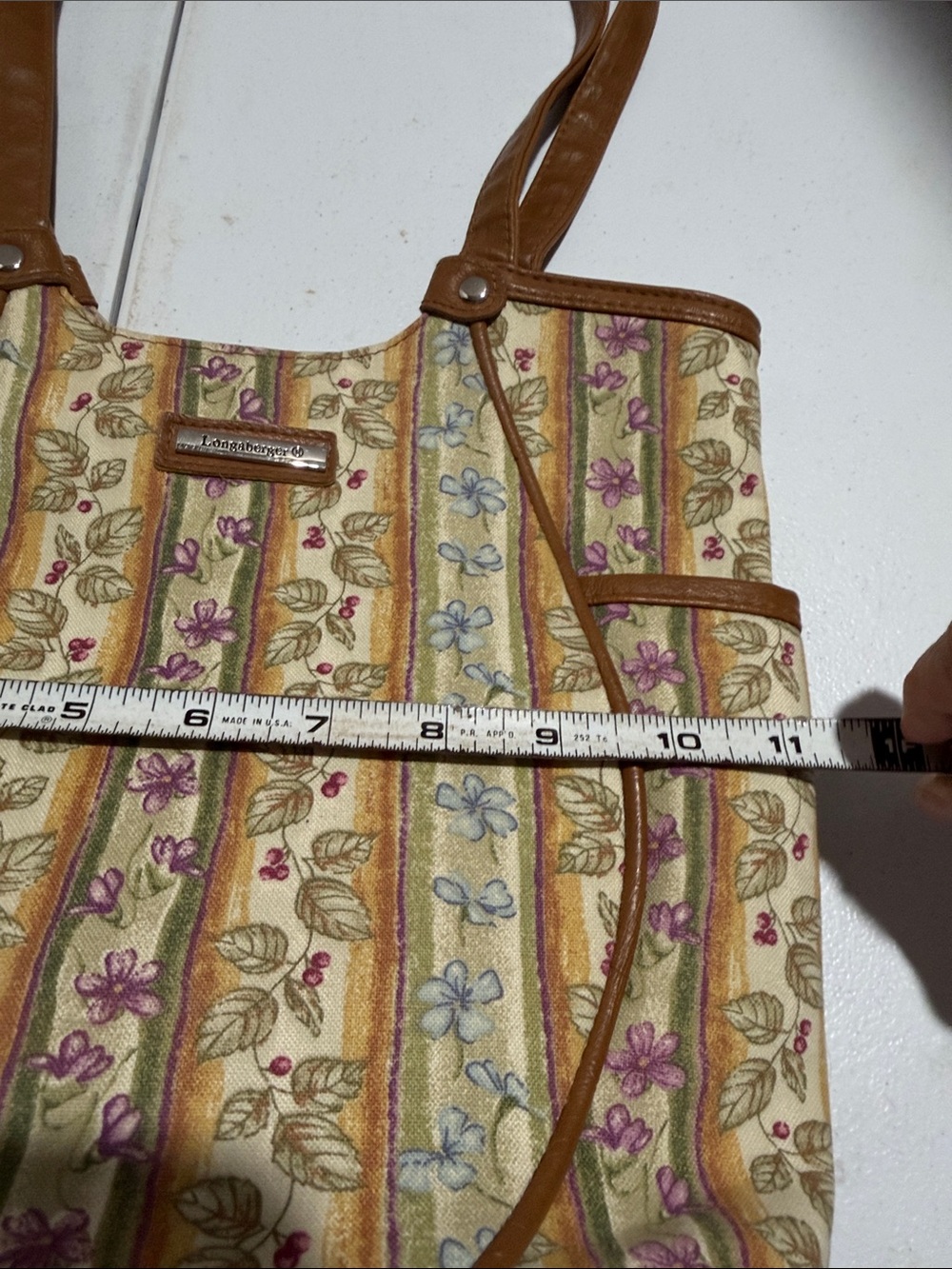 Longaberger Floral Stripe Canvas Tote with Tan Leather Trim - Picture 5 of 6